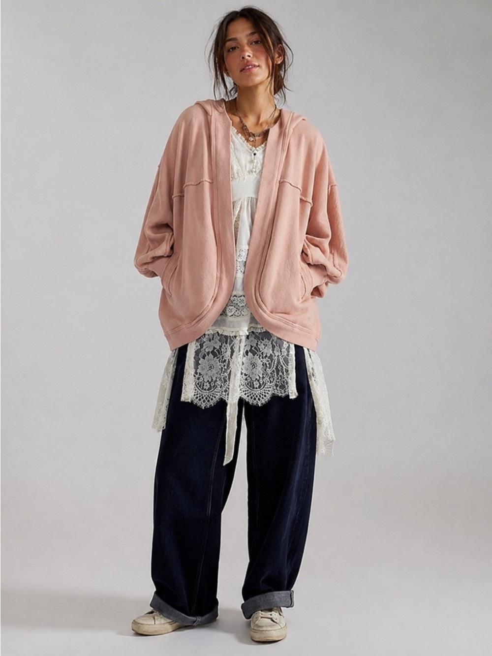 BUTTERMELON Blush Pink Hooded Oversized Terry Sweatshirt Bohemian Lounge Jacket